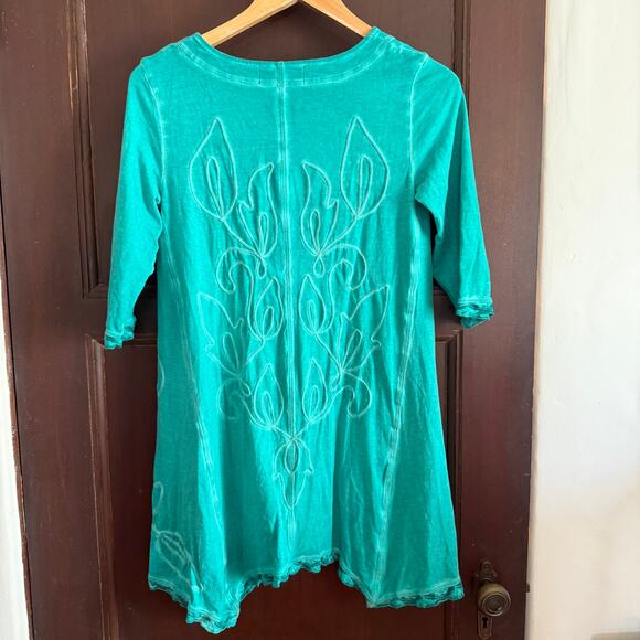 GRETTY ZUEGER Teal Green Cotton Mineral Wash Embellished Boho Tunic Extra Small - Picture 2 of 5